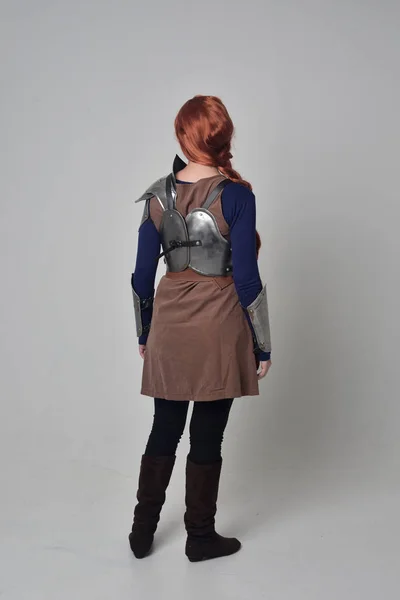 Full Length Portrait Red Haired Girl Wearing Medieval Warrior Costume — Stock Photo, Image