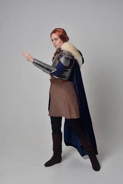 Full Length Portrait Red Haired Girl Wearing Medieval Warrior Costume — Stock Photo, Image