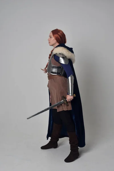 Full Length Portrait Red Haired Girl Wearing Medieval Warrior Costume — Stock Photo, Image