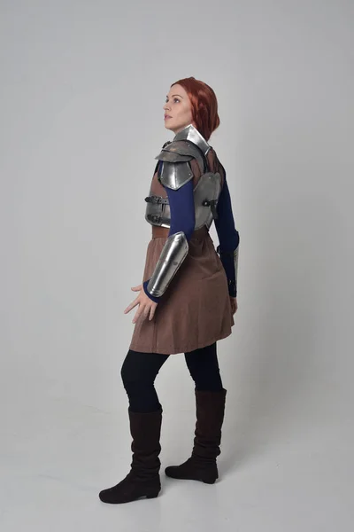 Full Length Portrait Red Haired Girl Wearing Medieval Warrior Costume — Stock Photo, Image