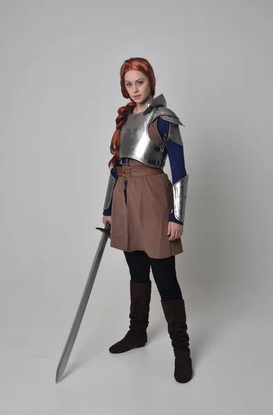 Full Length Portrait Red Haired Girl Wearing Medieval Warrior Costume — Stock Photo, Image