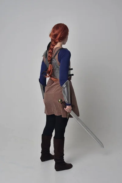 Full Length Portrait Red Haired Girl Wearing Medieval Warrior Costume — Stock Photo, Image