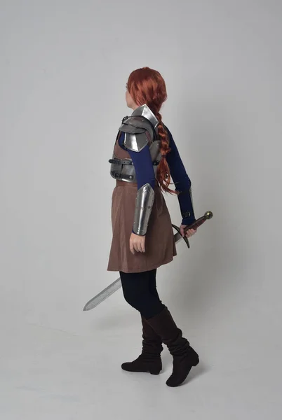 Full Length Portrait Red Haired Girl Wearing Medieval Warrior Costume — Stock Photo, Image