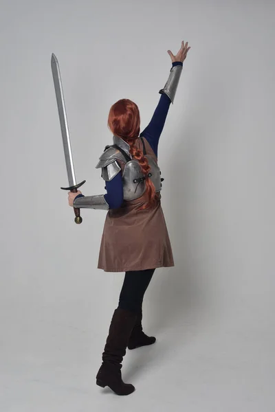 Full Length Portrait Red Haired Girl Wearing Medieval Warrior Costume — Stock Photo, Image