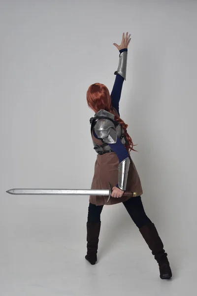 Full Length Portrait Red Haired Girl Wearing Medieval Warrior Costume — Stock Photo, Image