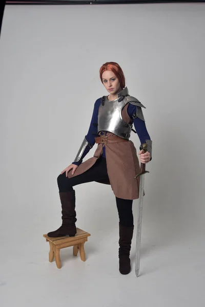 Full Length Portrait Red Haired Girl Wearing Medieval Warrior Costume — Stock Photo, Image