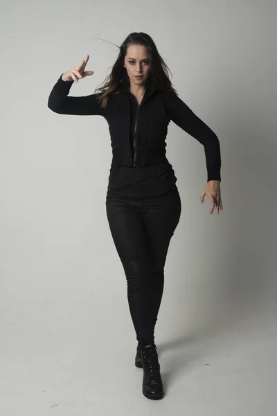 Full Length Portrait Brunette Girl Wearing Modern Black Jacket Pants — Stock Photo, Image