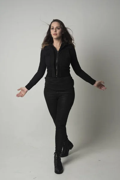 Full Length Portrait Brunette Girl Wearing Modern Black Jacket Pants — Stock Photo, Image