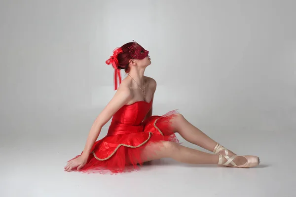 Full Length Portrait Girl Wearing Red Ballerina Costume Mask Seated — Stock Photo, Image