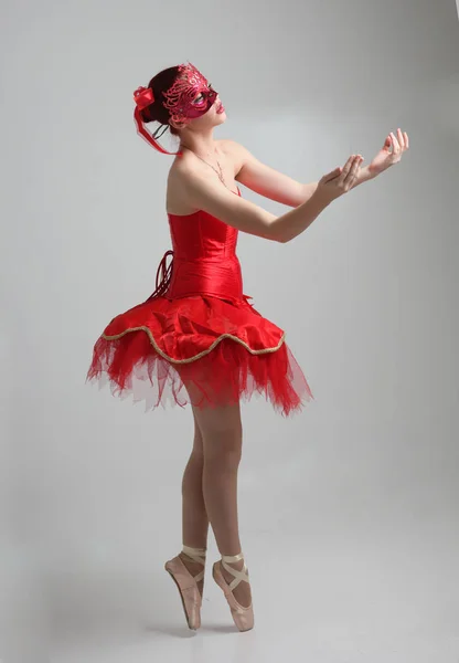 Full Length Portrait Girl Wearing Red Ballerina Tutu Mask Dancing — Stock Photo, Image