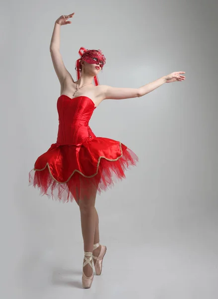 Full Length Portrait Girl Wearing Red Ballerina Tutu Mask Dancing — Stock Photo, Image