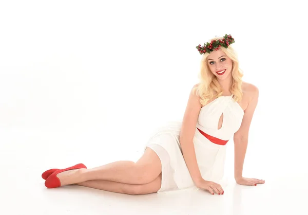 Full Length Portrait Blonde Girl Wearing White Dress Flower Crown — Stock Photo, Image