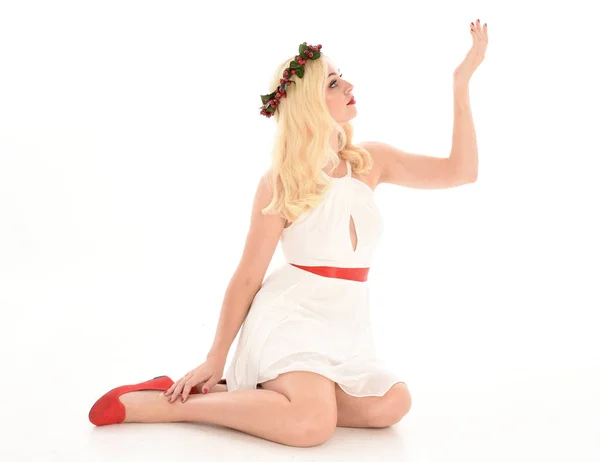 Full Length Portrait Blonde Girl Wearing White Dress Flower Crown — Stock Photo, Image