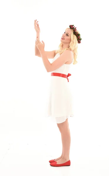 Full Length Portrait Blonde Girl Wearing White Dress Flower Crown — Stock Photo, Image