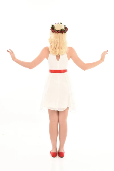 Ganzkörperporträt Eines Blonden Mädchens Das Ein Weißes Kleid Und Eine — Stockfoto