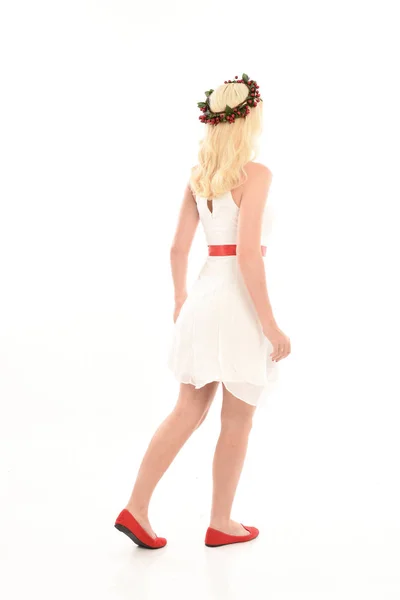 Full Length Portrait Blonde Girl Wearing White Dress Flower Crown — Stock Photo, Image