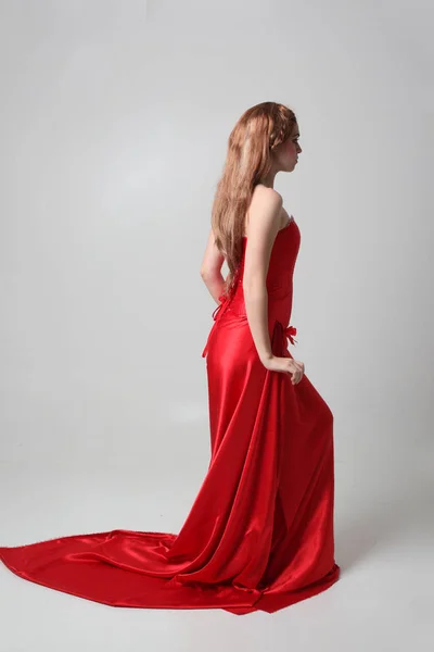 Full Length Portrait Girl Wearing Long Red Silk Gown Standing — Stock Photo, Image