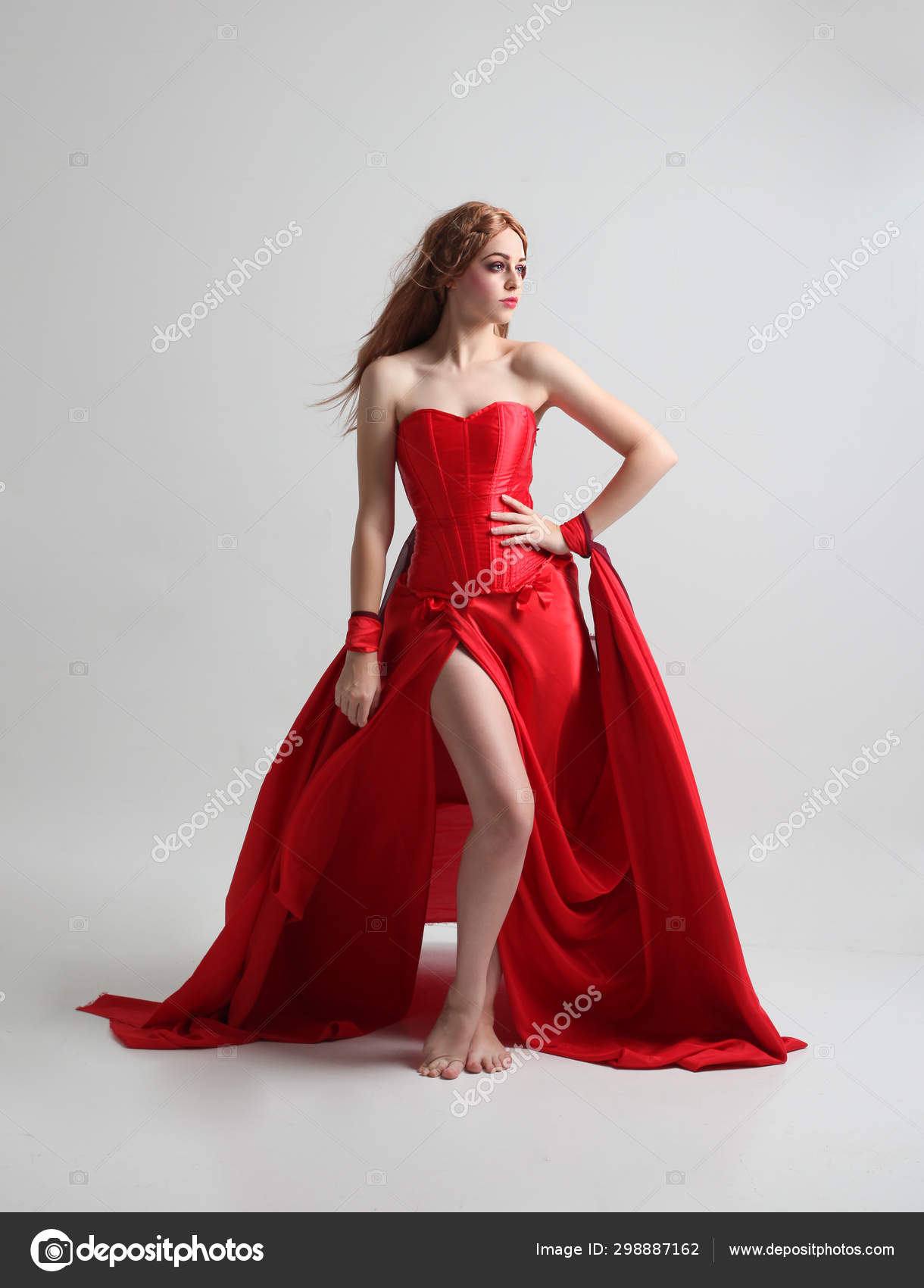 Full Length Portrait Girl Wearing Long Red Silk Gown Standing Stock ...