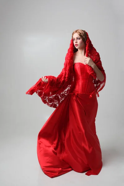 Full Length Portrait Girl Wearing Long Red Silk Gown Standing — Stock Photo, Image