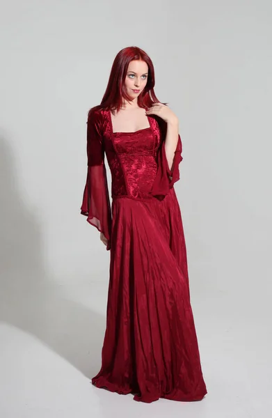 Full Length Portrait Girl Wearing Red Medieval Fantasy Gown Standing — Stock Photo, Image