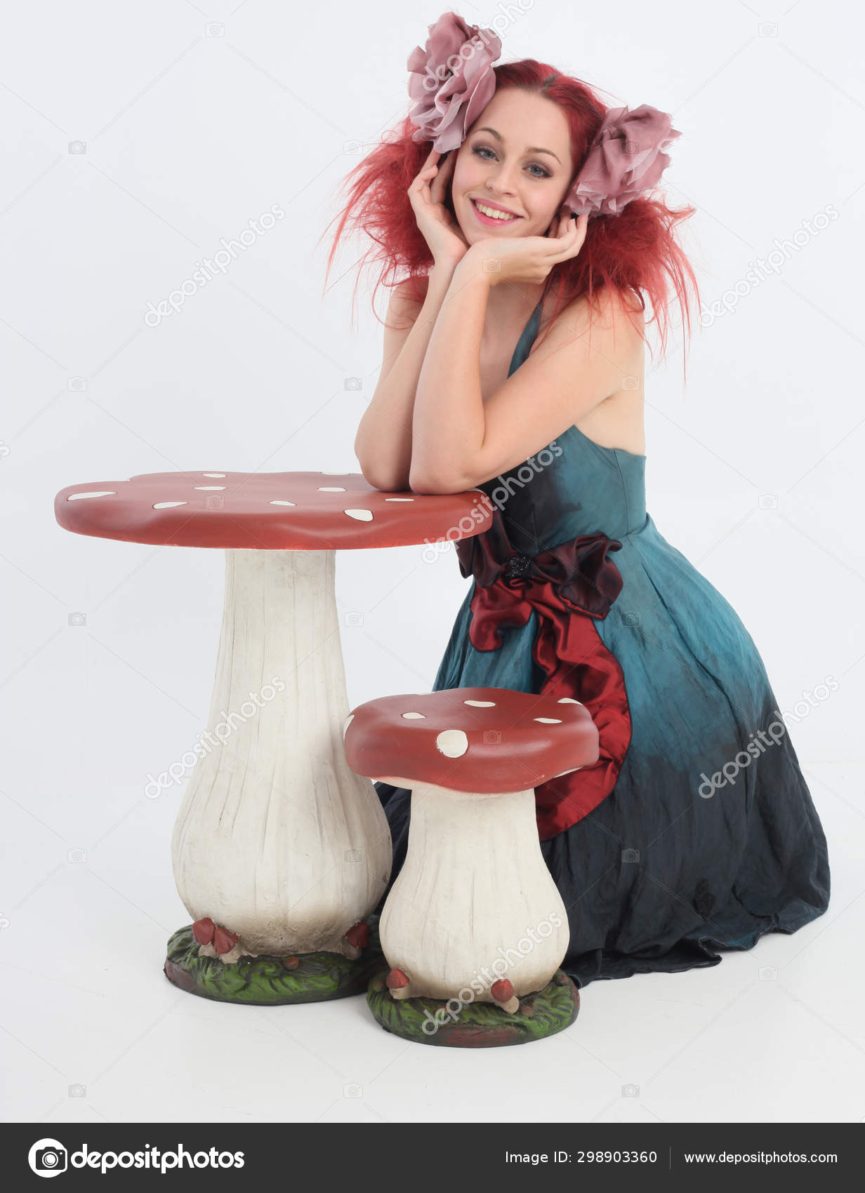 Full Length Portrait Red Haired Girl Wearing Fairy Costume Seated