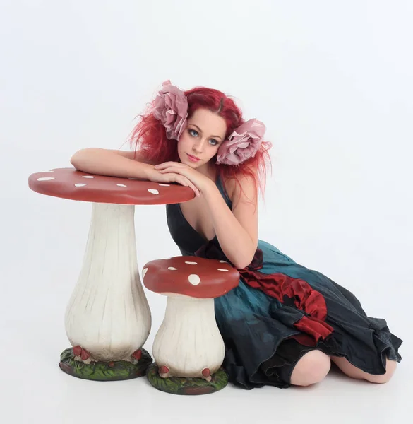 Full Length Portrait Red Haired Girl Wearing Fairy Costume Seated — Stock Photo, Image