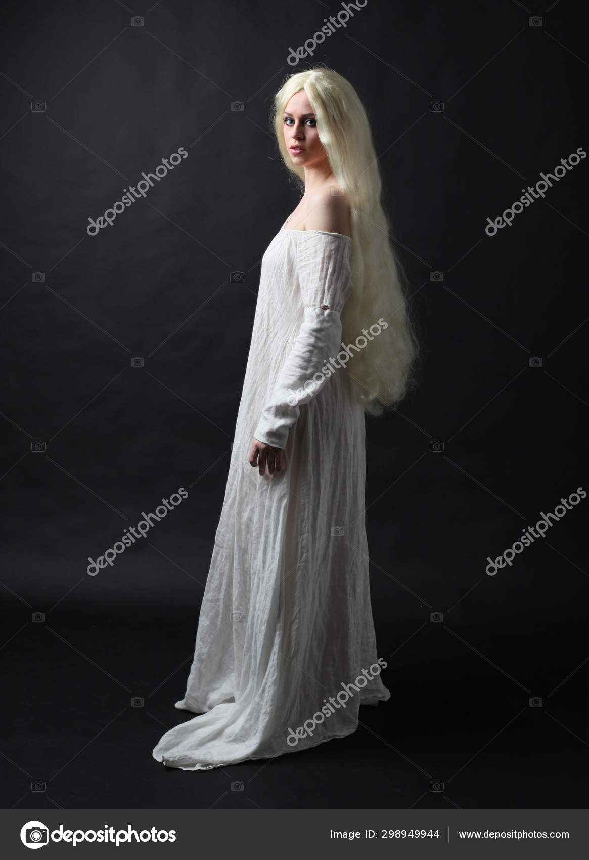 Ghostly Full Length Portrait Woman Long Blonde Hair Wearing White