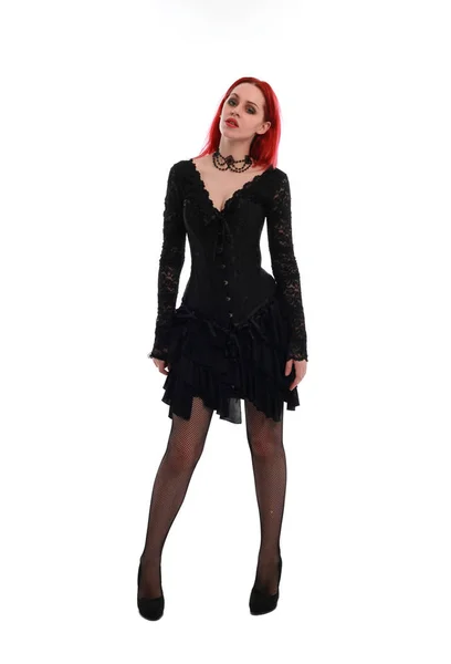 Full Length Portrait Red Haired Girl Wearing Black Gothic Gown — Stock Photo, Image