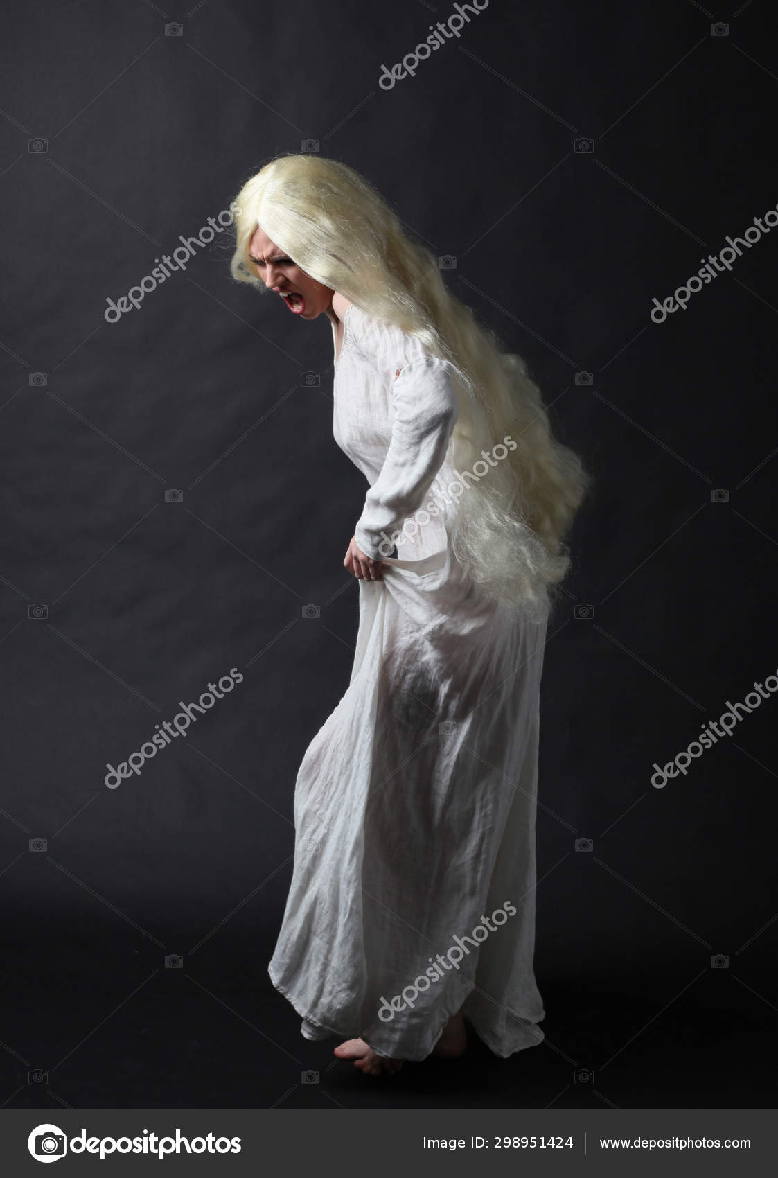 Ghostly Full Length Portrait Woman Long Blonde Hair Wearing White