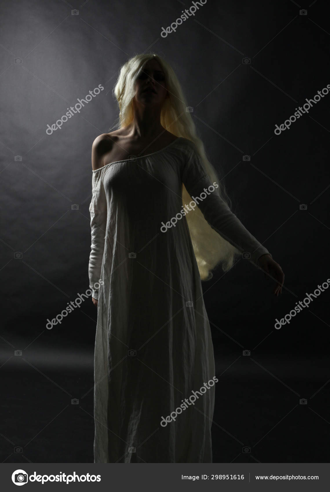 Ghostly Full Length Portrait Woman Long Blonde Hair Wearing White