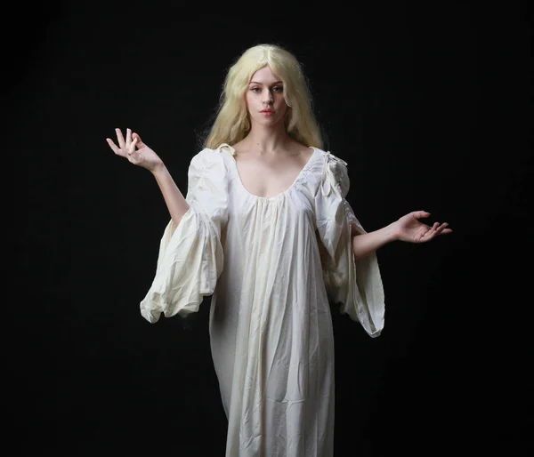 Ghostly Portrait Woman Long Blonde Hair Wearing White Robe Posing — Stock Photo, Image