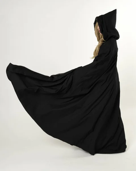 Full Length Portrait Blonde Girl Wearing Long Black Flowing Cloak — Stock Photo, Image