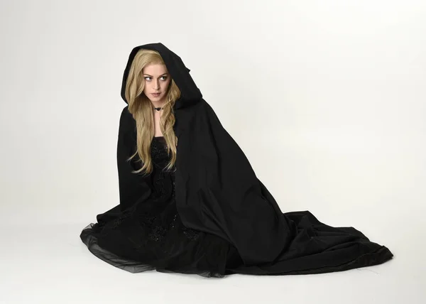 Full Length Portrait Blonde Girl Wearing Long Black Flowing Cloak — Stock Photo, Image