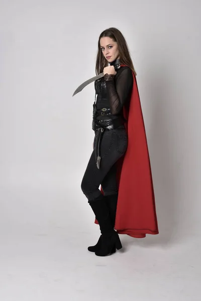 Full Length Portrait Pretty Brunette Woman Wearing Black Leather Fantasy — Stock Photo, Image