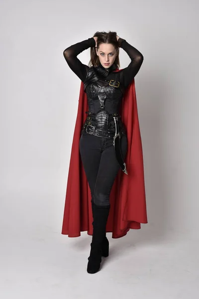 Full Length Portrait Pretty Brunette Woman Wearing Black Leather Fantasy — Stock Photo, Image