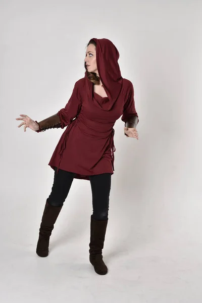 Full Length Portrait Brunette Girl Wearing Red Fantasy Tunic Hood — Stock Photo, Image