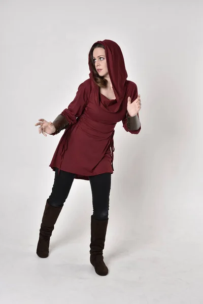 Full Length Portrait Brunette Girl Wearing Red Fantasy Tunic Hood Stock Image