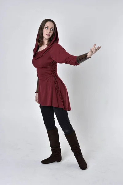 Full Length Portrait Brunette Girl Wearing Red Fantasy Tunic Hood Royalty Free Stock Photos