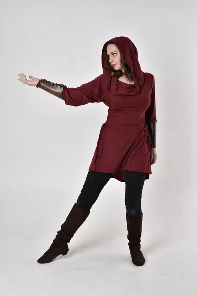 Full Length Portrait Brunette Girl Wearing Red Fantasy Tunic Hood Royalty Free Stock Photos