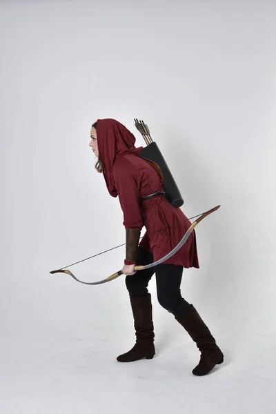 Full Length Portrait Brunette Girl Wearing Red Fantasy Tunic Hood — Stock Photo, Image