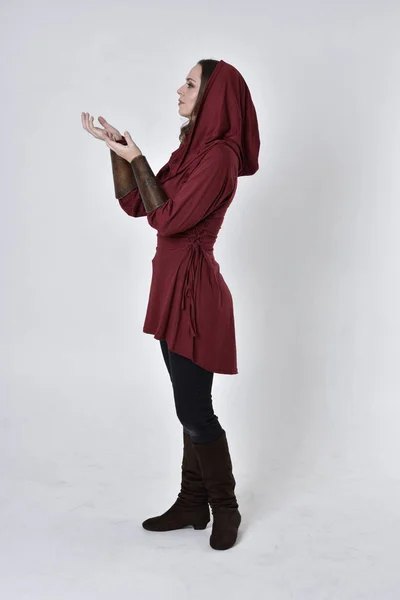 Full Length Portrait Brunette Girl Wearing Red Fantasy Tunic Hood — Stock Photo, Image