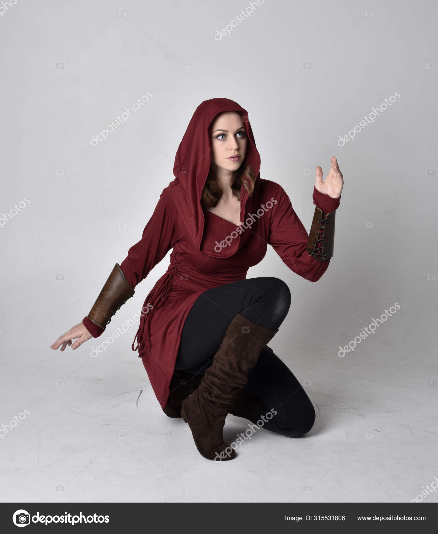 Full Length Portrait Brunette Girl Wearing Red Fantasy Tunic Hood