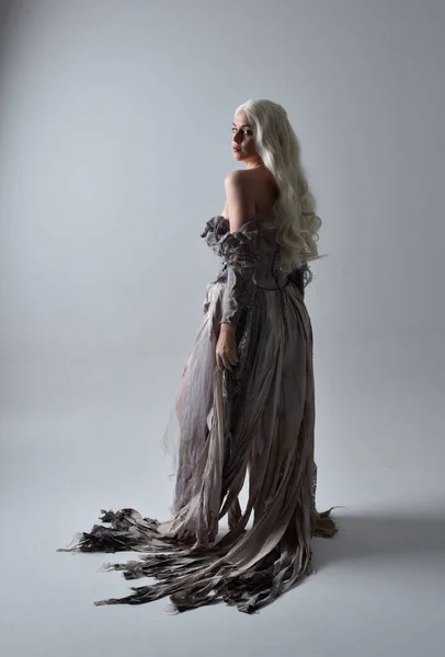 Full Length Portrait Blonde Woman Wearing Old Torn Wedding Dress — Stock Photo, Image