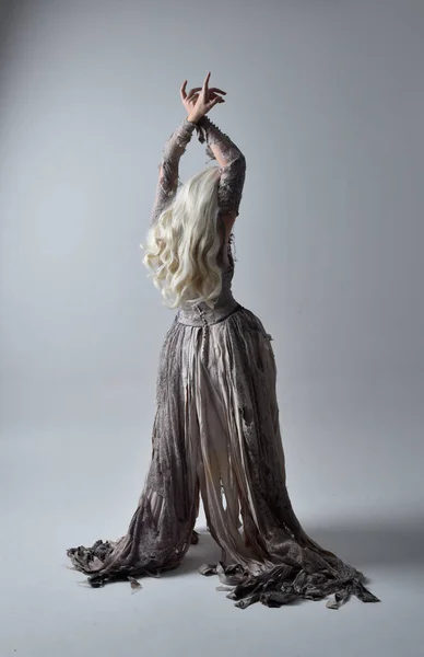 Full Length Portrait Blonde Woman Wearing Old Torn Wedding Dress — Stock Photo, Image