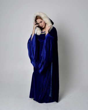 Altın taçlı, uzun mavi kadife bir elbise giyen kızın tam boy portresi. Oturma pozu, stüdyo arka planında izole..