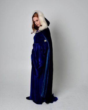 Altın taçlı, uzun mavi kadife bir elbise giyen kızın tam boy portresi. Oturma pozu, stüdyo arka planında izole..