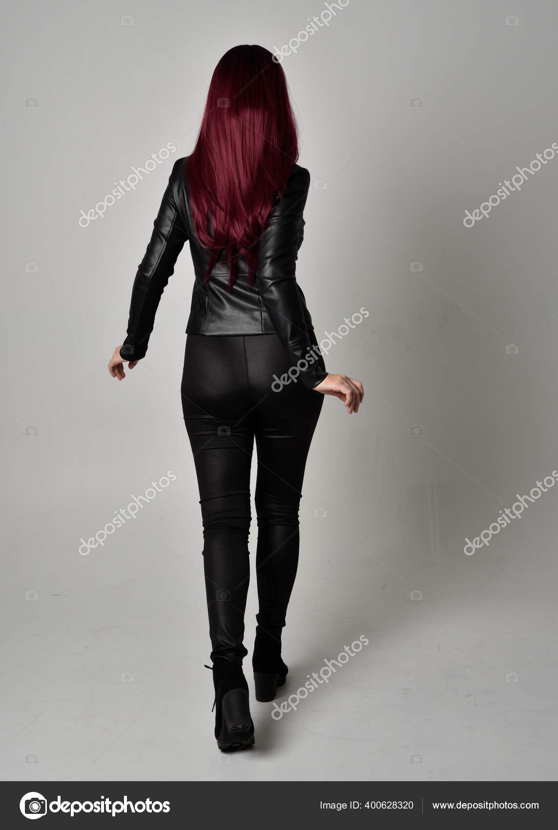 Full Length Portrait Girl Red Hair Wearing Black Leather Jacket Stock Photo  by ©faestock 400628320