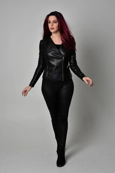 Full Length Portrait Girl Red Hair Wearing Black Leather Jacket — Stock Photo, Image