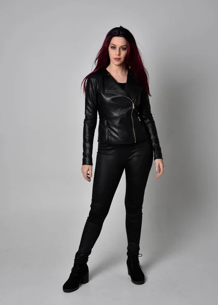 Full Length Portrait Girl Red Hair Wearing Black Leather Jacket — Stock Photo, Image