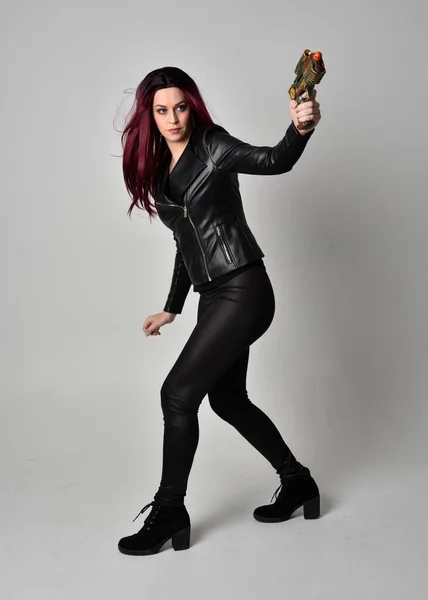 Full Length Portrait Girl Red Hair Wearing Black Leather Jacket — Stock Photo, Image